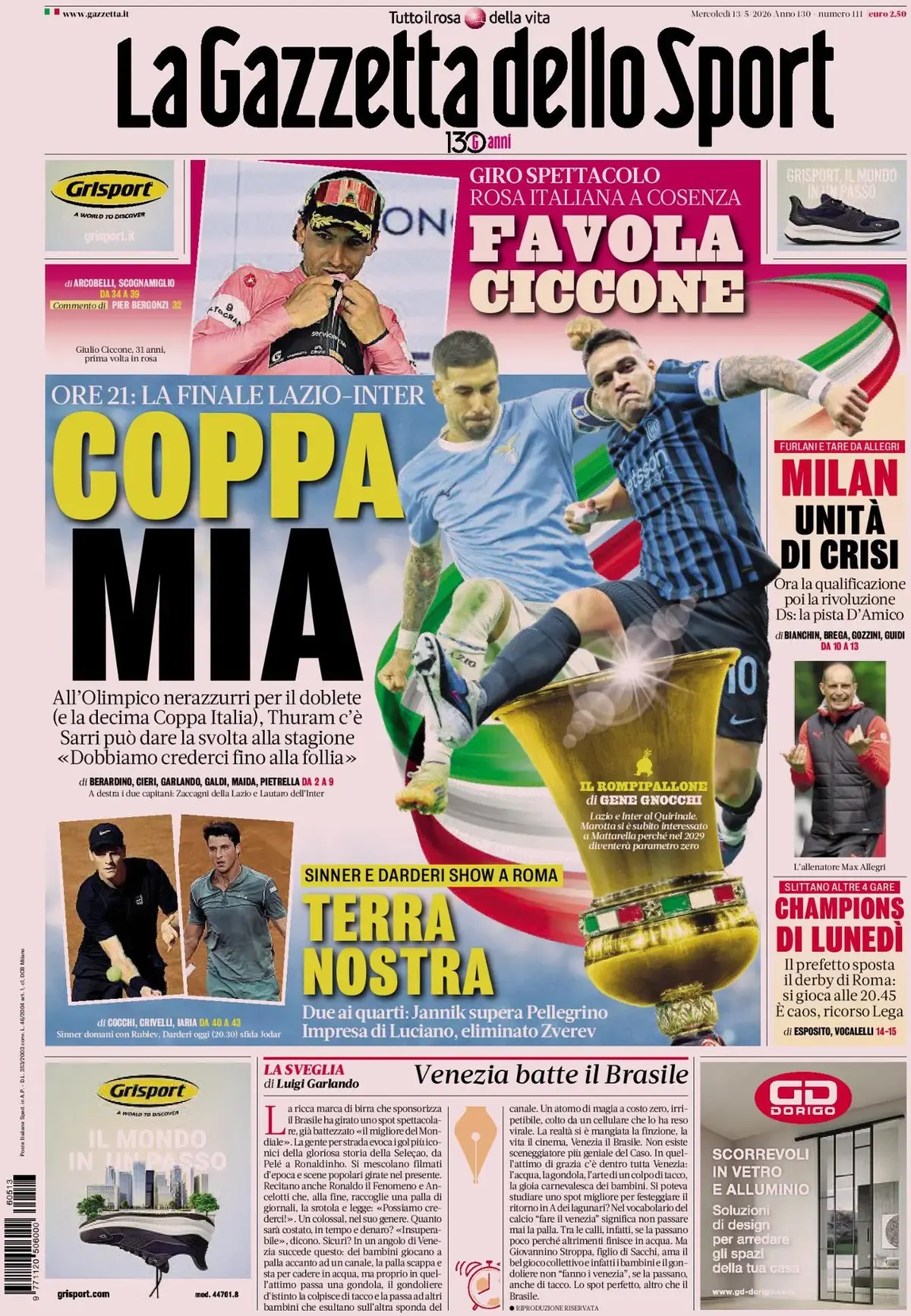 Today’s Papers: Coppa Italia final, Serie B play-offs, derby chaos