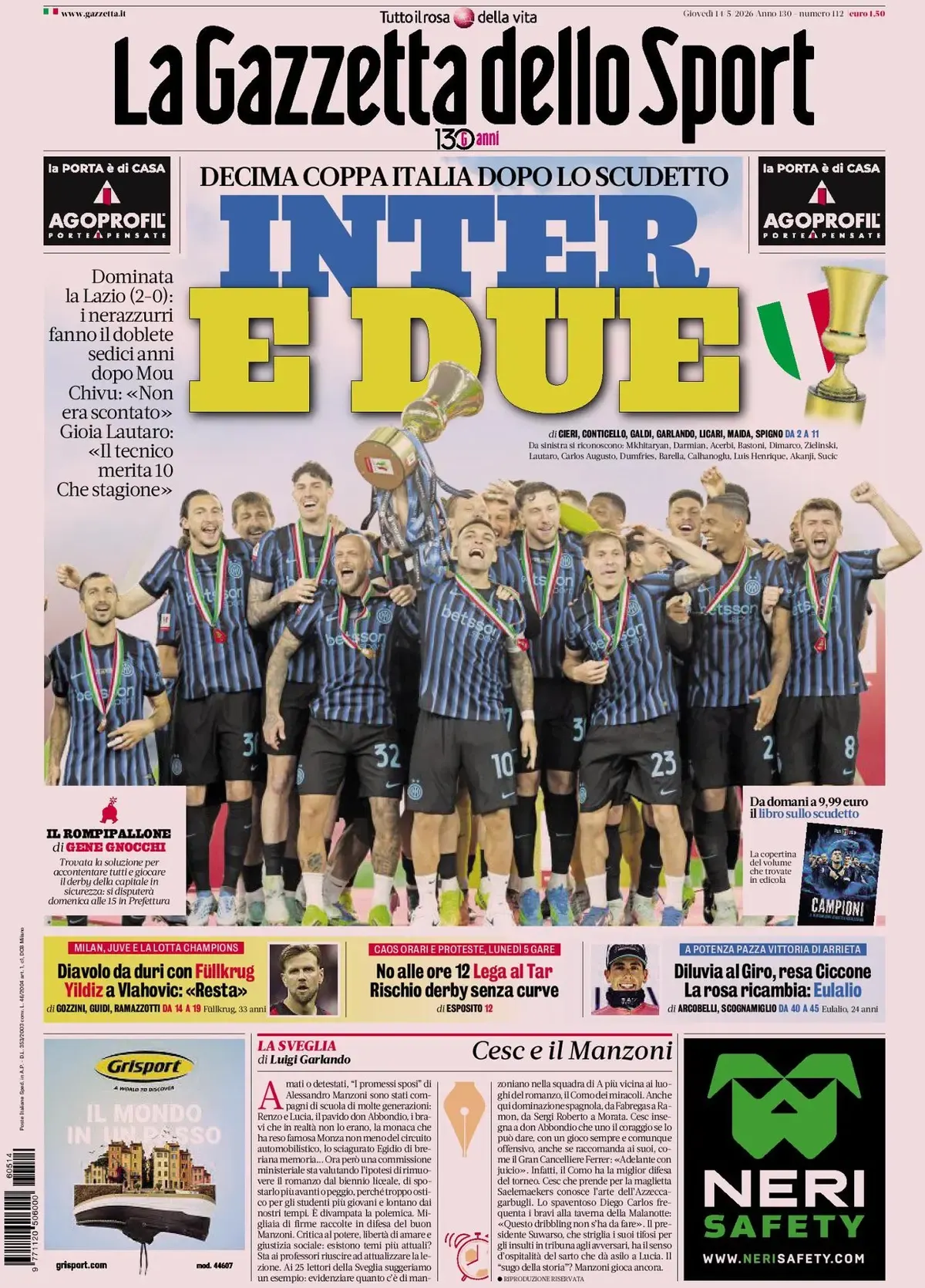 Today’s Papers: Inter double, Week 37 schedule not sorted