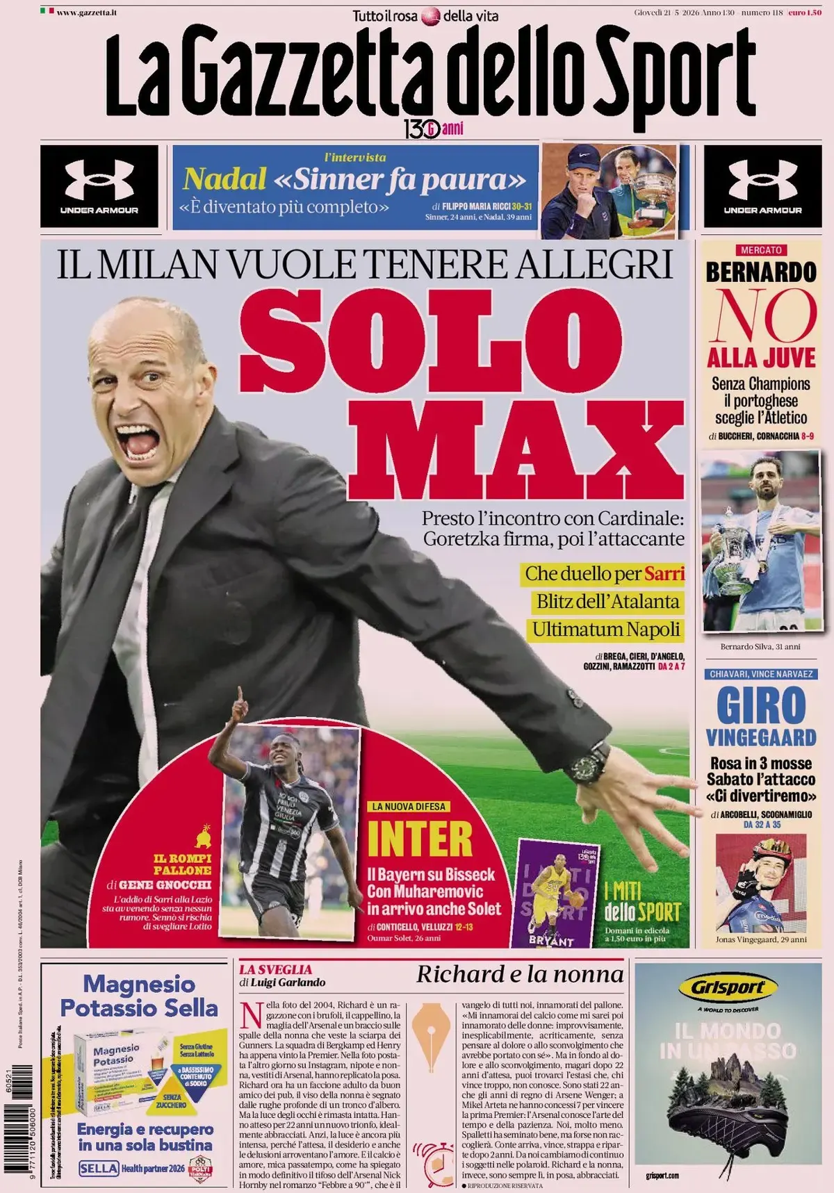 Today’s Papers: Comolli at risk, Napoli in a hurry, Palestra prize for Inter