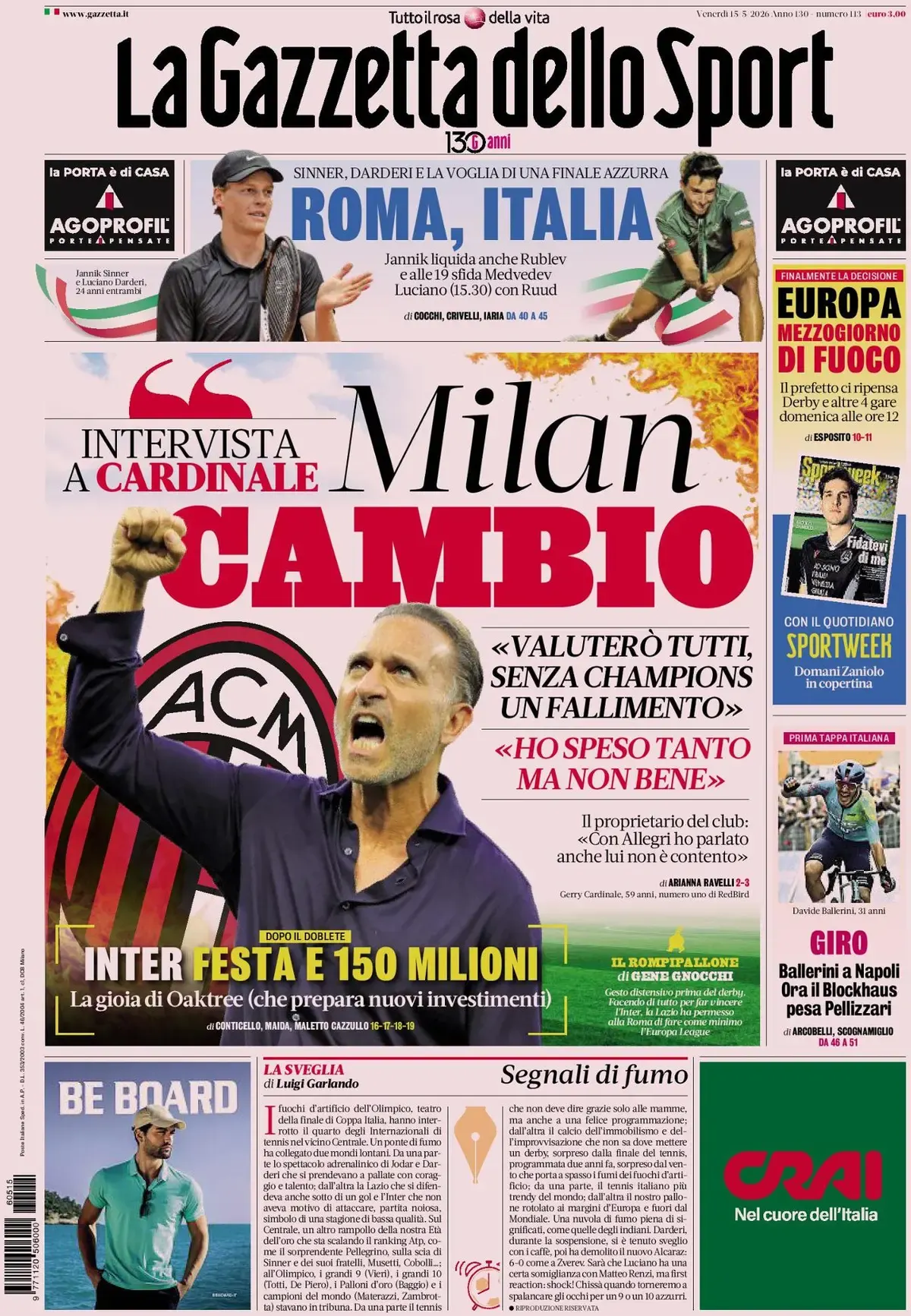 Today’s Papers – Cardinale warns Milan, end of Serie A scheduling chaos