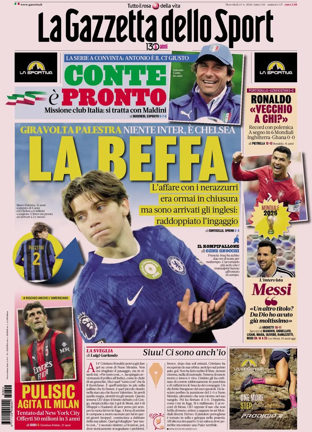 Today’s Papers: Palestra snubs Inter for Chelsea, Ronaldo record, Pulisic temptation