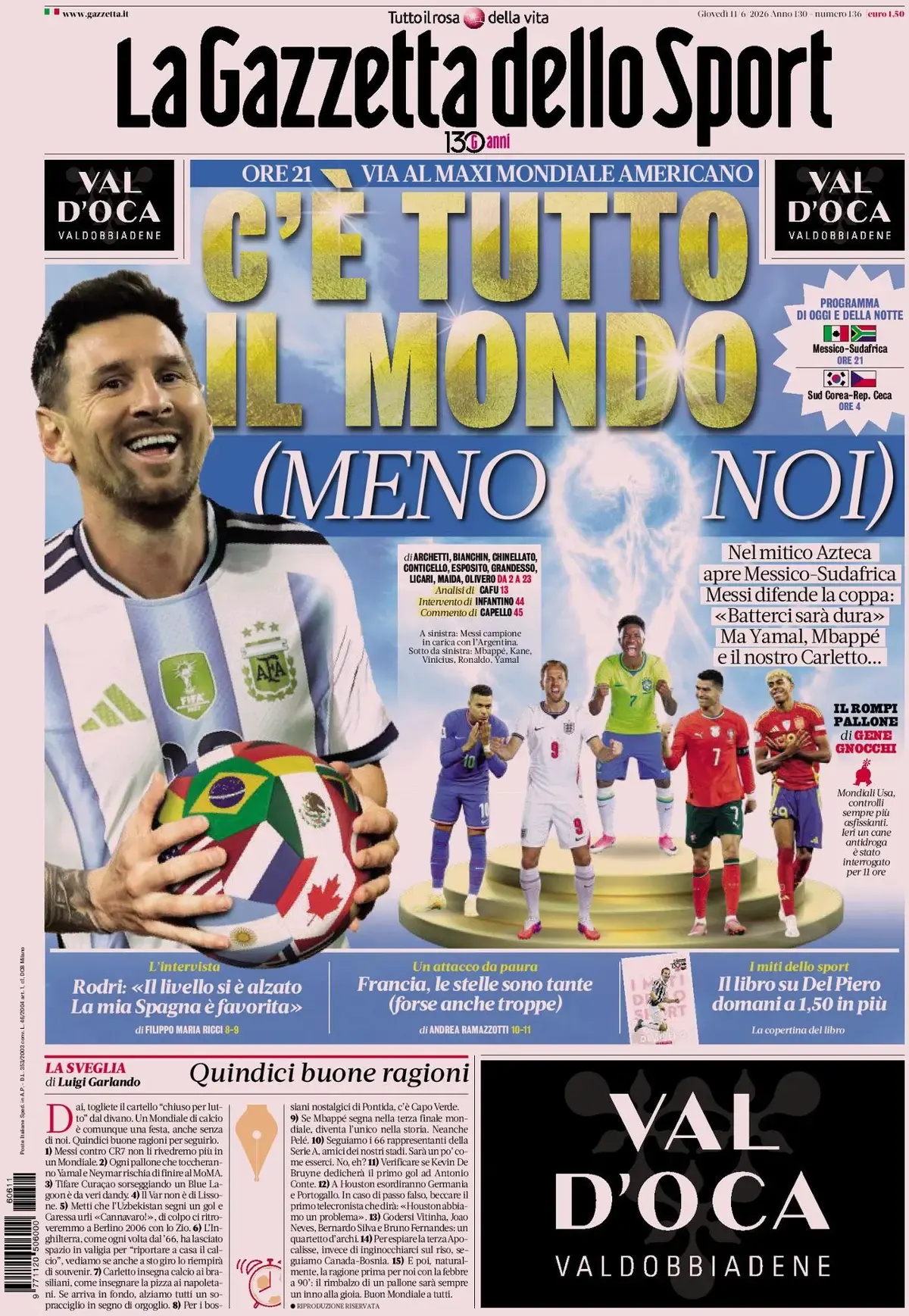 Today’s Papers: 2026 World Cup kicks off without Italy, Martinez for Juventus